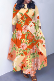 Orange Boho Graphics Print O Neck 3/4 Sleeve Belted Pockets Long Vacation Casual Pleated A Line Spring Floral Maxi Dresses