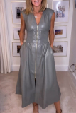 Grey V Neck Sleeveless Pocket Zipper Casual Formal Office Lady Leather Maxi Dresses