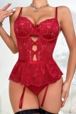 Red Lace Patchwork Hollow Out See-Through Backless Lingerie