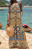 Rose Red Blue Graphics Print Sleeveless Backless Spaghetti Strap Buttons Casual Vacation Wide Leg Jumpsuits
