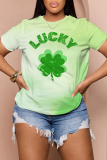 Leopard Letter Shamrock Four Leaf Clover Print O Neck Short Sleeve Casual Oversize T-Shirts