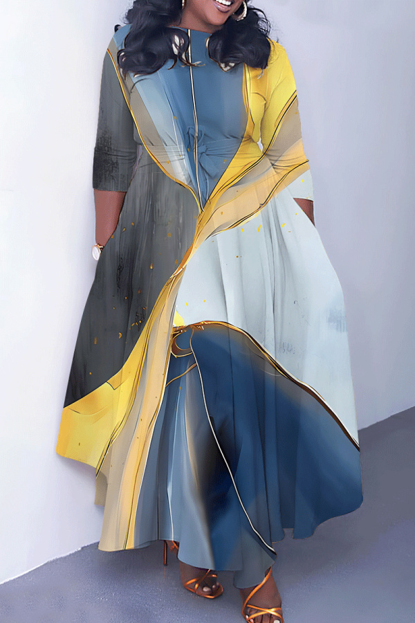 Light Blue Graphics Print O Neck 3/4 Sleeve Belted Pockets Long Vacation Casual Pleated A Line Maxi Dresses