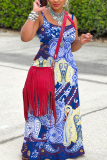 Red Boho Graphics Print Backless Sleeveless Spaghetti Strap Floor Length Long Baggy Vacation Maxi Slip Dresses