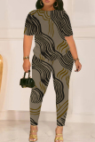 White Graphcis Print Round Neck Short Sleeve T-shirt And Skinny Pants Two Pieces Trouser Sets
