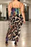 Leopard Chain Print U Neck Sleeveless Plus Size Bodycon Maxi Slip Dresses