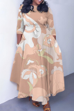 Orange Boho Graphics Print O Neck 3/4 Sleeve Belted Pockets Long Vacation Casual Pleated A Line Spring Floral Maxi Dresses