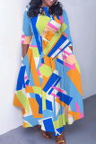 Light Blue Graphics Print O Neck 3/4 Sleeve Belted Pockets Long Vacation Casual Pleated A Line Maxi Dresses