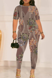 White Graphcis Print Round Neck Short Sleeve T-shirt And Skinny Pants Two Pieces Trouser Sets