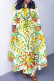 Orange Boho Graphics Print O Neck 3/4 Sleeve Belted Pockets Long Vacation Casual Pleated A Line Spring Floral Maxi Dresses