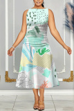 Dark Gray Graphics Print Sleeveless O Neck Casual Vacation Pleated Midi Tank Dresses