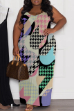 Multicolor Graphics Print Backless Spaghetti Strap Floor Length Long Plus Size Baggy Vacation Maxi Slip Dresses