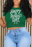 Green Shamrock Letter Print O Neck Short Sleeve Casual Irish Clover Crop T-Shirts