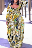 Yellow Casual Graphics Print V Neck Long Sleeve Straight Loose Vacation Plus Size Maxi Dresses