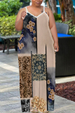 Green Graphics Print Backless Sleeveless Spaghetti Strap Floor Length Long Baggy Vacation Maxi Slip Dresses