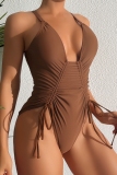 Dark Brown Backless Lace Up Draw String One Piece Swimsuit Vacation Beach Swimwears(With Paddings)