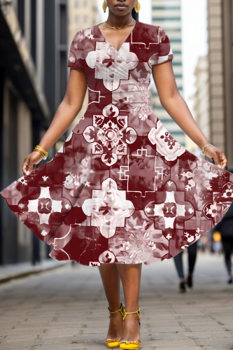 Dark Red Floral Print V Neck Short Sleeve Casual Halloween Flowy Midi Dress
