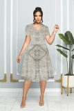 Grey Ombre Print Patchwork V Neck Short Sleeve Vacation Casual Pleated Midi Flowy Dresses