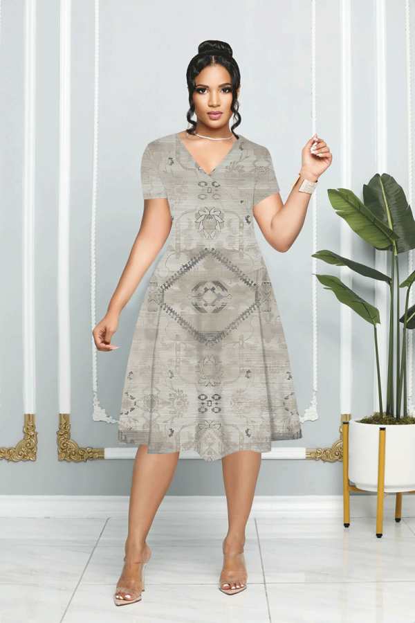 Grey Ombre Print Patchwork V Neck Short Sleeve Vacation Casual Pleated Midi Flowy Dresses