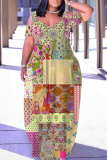 Multicolor Graphics Print V Neck Short Sleeve Floor Length Vacation Long Loose Maxi Dress