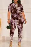 White Graphcis Print Round Neck Short Sleeve T-shirt And Skinny Pants Two Pieces Trouser Sets