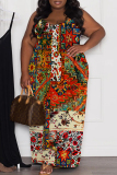 Orange Graphics Print Backless Sleeveless Spaghetti Strap Floor Length Long Baggy Vacation Maxi Slip Dresses