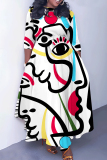 Multicolor Graphics Print O Neck 3/4 Sleeve Belted Pockets Long Vacation Casual Pleated A Line Maxi Dresses