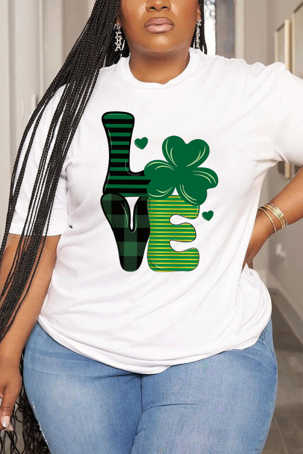 White Green Letter Shamrock Four Leaf Clover Print O Neck Short Sleeve Casual Oversize T-Shirts