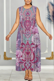 Pink Boho Graphics Print Sleeveless O Neck Casual Vacation Maxi Tank Dresses