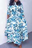 Yellow Floral Print O Neck 3/4 Sleeve Belted Pockets Long Vacation Casual Pleated A Line Maxi Dresses