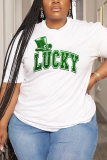 White Green Letter Shamrock Four Leaf Clover Print O Neck Short Sleeve Casual Oversize T-Shirts