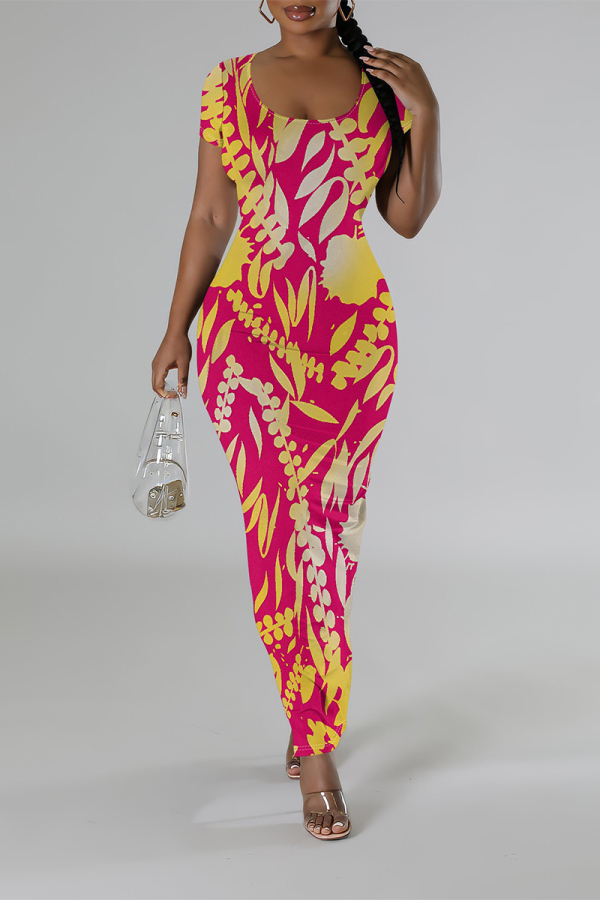 Red Geometric Print Short Sleeve O Neck Casual Outing Bodycon Maxi T-shirt Dresses