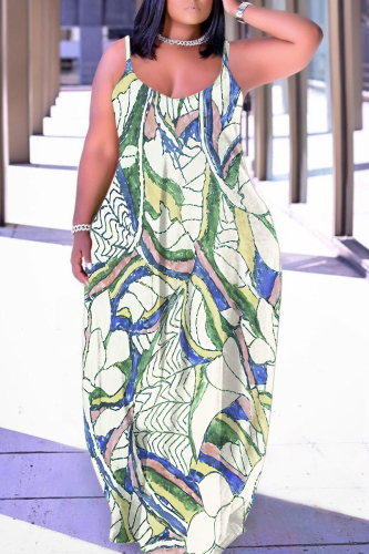 Green Graphics Print Backless Spaghetti Strap Sleeveless Vacation Loose Long Maxi Slip Dresses