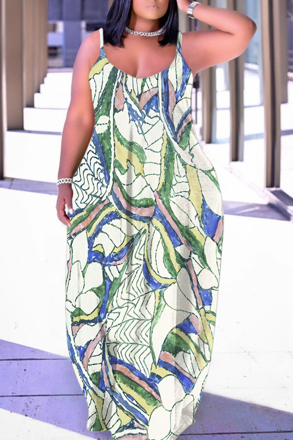 Green Graphics Print Backless Spaghetti Strap Sleeveless Vacation Loose Long Maxi Slip Dresses