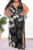 Black Floral Print V Neck Short Sleeve Lace Up Side Slit Plus Size Bodycon Maxi Dresses