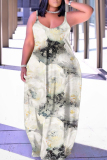 Green Graphics Print Backless Spaghetti Strap Sleeveless Vacation Loose Long Maxi Slip Dresses