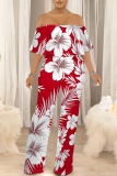 Light Yellow Floral Print Off Shoulder Pocket Flounce Vacation Wide Leg Jumpsuits