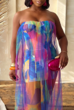 Color Ombre Print Sleeveless Backless Strapless Formal Evening Party Prom Mesh Tube Mini Dresses