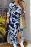 Black White Graphics Print Turndown Collar Long Sleeve Buttons Front Slit Casual Vacation Maxi Shirt Dresses