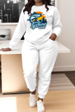 White Black Graphics Print O Neck Long Sleeve Sweatshirt And Skinny Pants Sportwear Casual Two Pieces Tracksuit Sweatpants Set