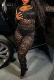 Black O Neck Long Sleeve Hollow Out See-Through Lace Tops And Skinny Pants Night Club Two Pieces Trouser Sets