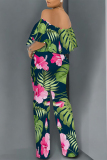 Light Yellow Floral Print Off Shoulder Pocket Flounce Vacation Wide Leg Jumpsuits