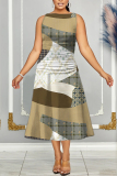 White Orange Graphics Print Sleeveless O Neck Casual Vacation Pleated Midi Tank Dresses