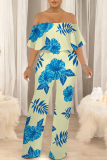 Light Yellow Floral Print Off Shoulder Pocket Flounce Vacation Wide Leg Jumpsuits