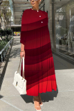 Bean Paste Pink Graphics Print O Neck 3/4 Sleeve Long Loose Vacation Casual Pleated Maxi Dresses