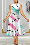 White Orange Graphics Print Sleeveless O Neck Casual Vacation Pleated Midi Tank Dresses