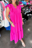 Rose Red V Neck Petal Sleeve Ruffle Trim Pocket Buttons Casual Vacation A Line Pleated Maxi Dresses