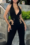 Black Sleeveless Backless Deep V Neck Hollow Out Casual Bodycon Halter Jumpsuits