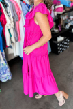 Rose Red V Neck Petal Sleeve Ruffle Trim Pocket Buttons Casual Vacation A Line Pleated Maxi Dresses