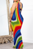 Blue White Geometric Print Sleeveless Backless O Neck Casual Bodycon Maxi Tank Dresses