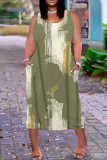 Navy Blue Graphics Print U Neck Sleeveless Pocket Casual Plus Size Maxi Tank Dresses